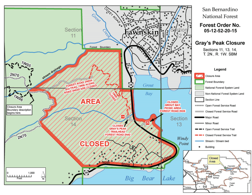 The U.S. Forest Service released this map of areas closed near Big Bear Lake effective Dec. 1, 2020. 