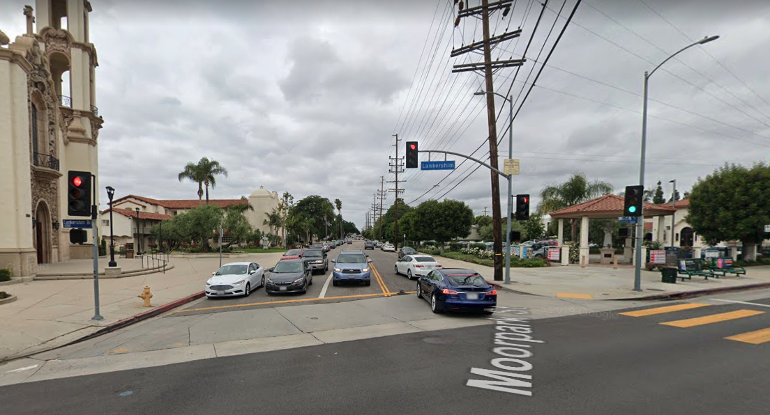 The intersection of Lankershim Boulevard and Moorpark Street is shown in a Street View image from Google Maps.