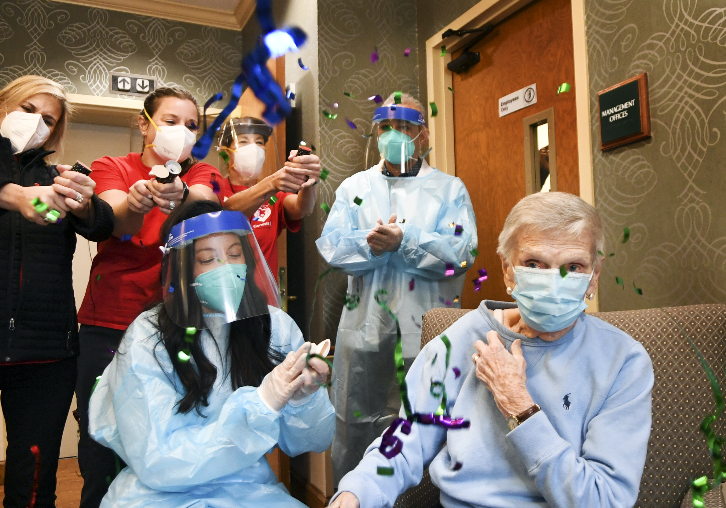 Jeanne Peters, 95, a rehab patient at The Reservoir, a nursing facility, was given the first COVID-19 vaccination in a Ct. nursing home on Dec. 18, 2020, in West Hartford, Conn. (AP Photo/Stephen Dunn,POOL)