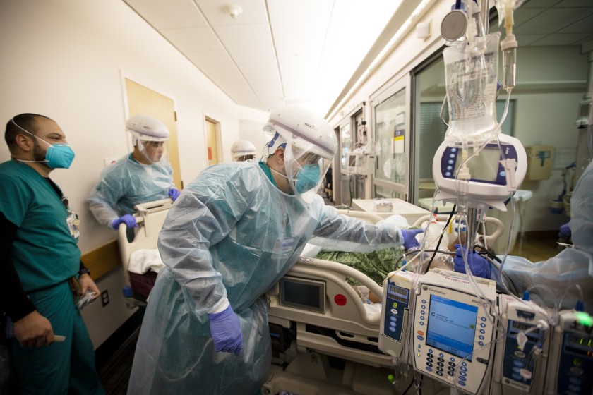 A patient who survived a code blue is rushed to ICU at Providence St. John’s Health Center on Dec. 15, 2020, in Santa Monica.(Francine Orr / Los Angeles Times)