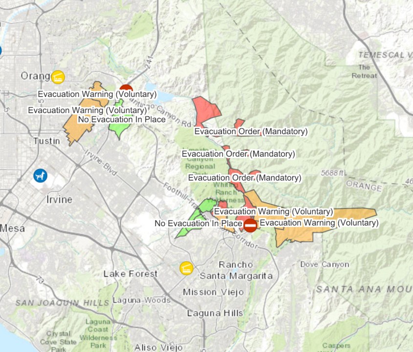 An evacuation order map for the Bond fire as seen on the Orange County Sheriff's Department website at 8 p.m.