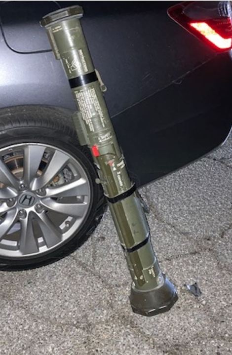 The San Bernardino County Sheriff's Department released this photo on Dec. 25, 2020 of an an anti-tank rocket propelled grenade launcher that deputies reported finding in the backseat of a Honda abandoned in Grand Terrace.