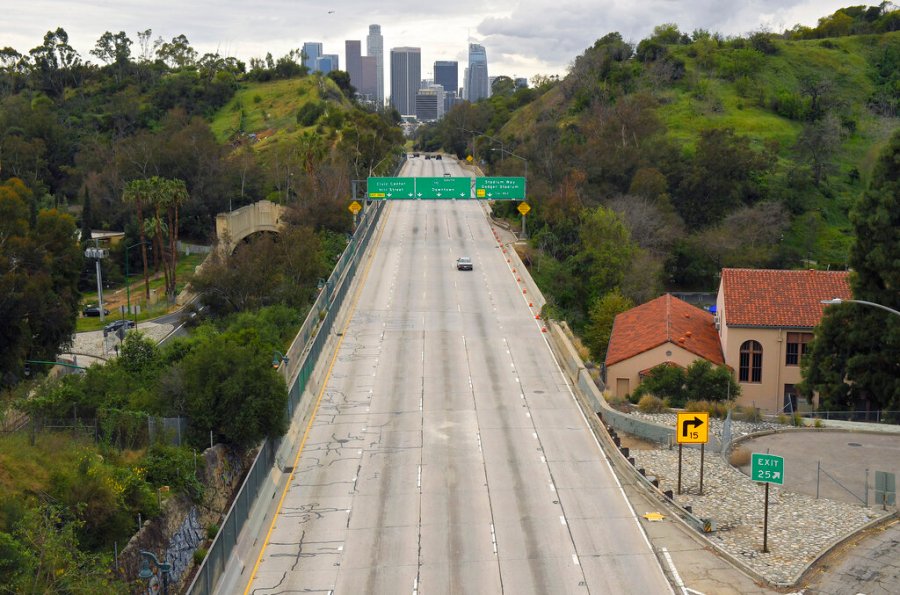 Extremely light traffic moves along the 110 Harbor Freeway toward downtown Los Angeles in March, 2020. Iin the mid-afternoon. (AP Photo/Mark J. Terrill)