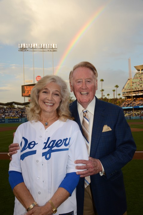 Sandra and Vin Scully are pictured Aug. 30, 2012, at Dodger Stadium in a photo supplied by the family on Jan. 4, 2020, when her death was announced. (Jon SooHoo/ Los Angeles Dodgers)