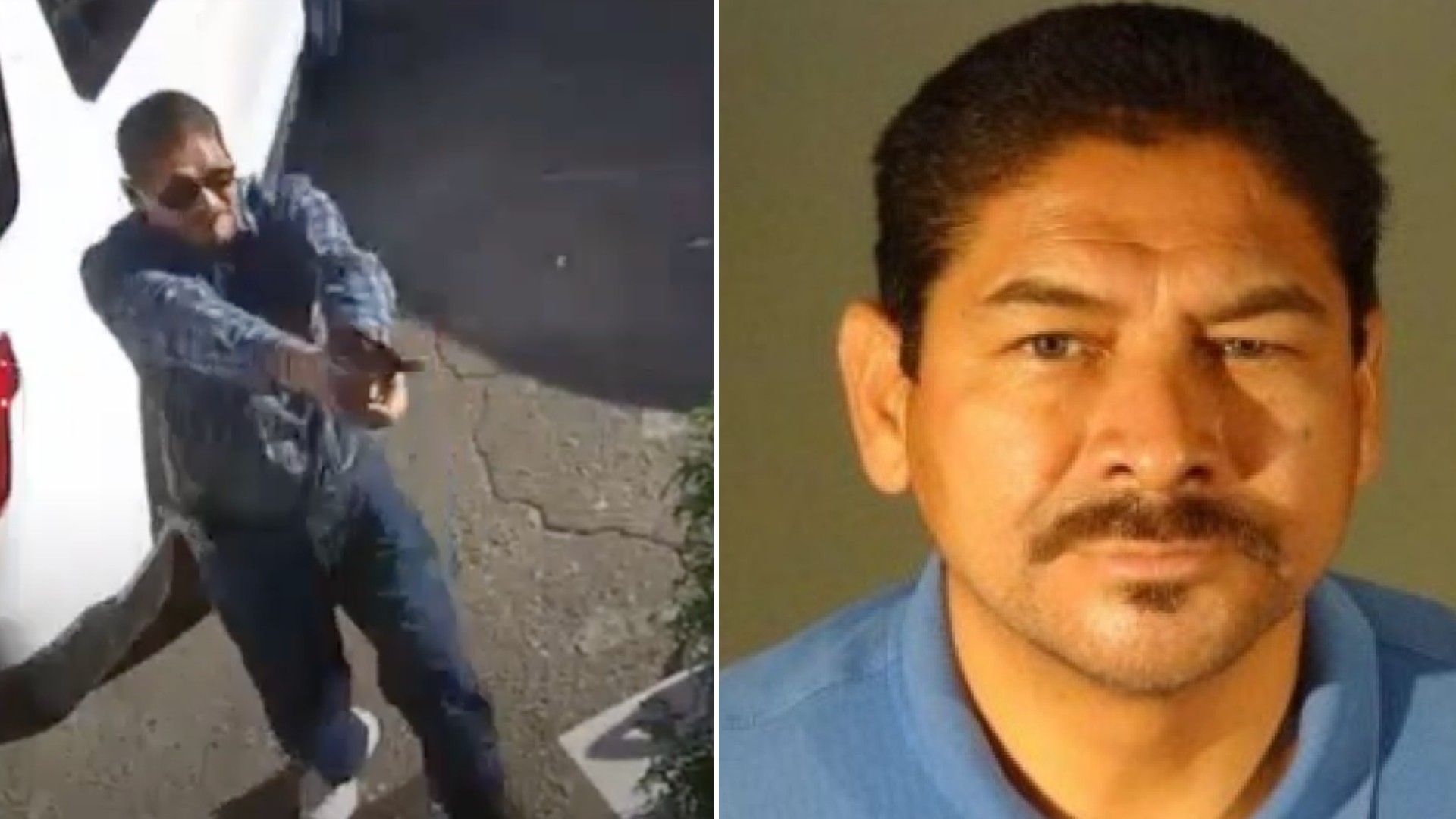 On the left, a man identified as Herbert Nixon Flores, is seen holding up a gun in a screenshot from a home security footage in Pacoima on Jan. 6, 2021. On the right, Flores is seen in an undated booking photo released by the LAPD.