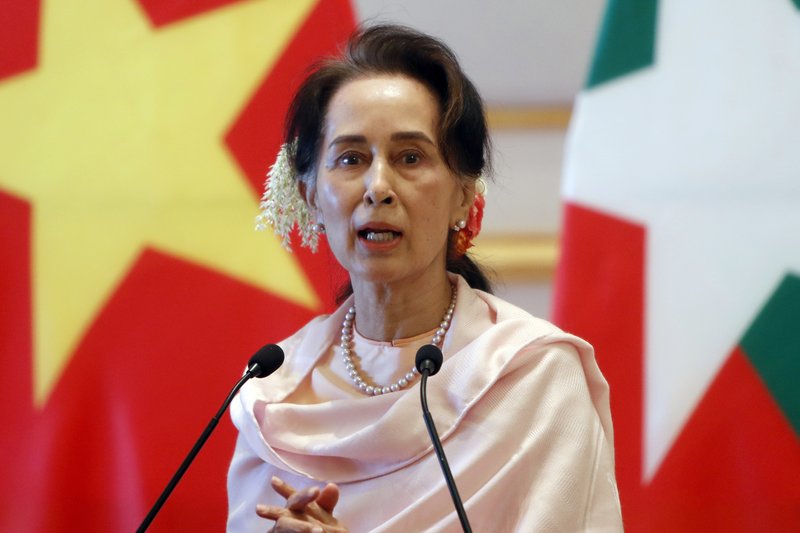 In this Dec. 17, 2019, file photo, Myanmar's leader Aung San Suu Kyi speaks during a joint press conference with Vietnam's Prime Minister Nguyen Xuan Phuc after their meeting at the Presidential Palace in Naypyitaw, Myanmar. (AP Photo/Aung Shine Oo)