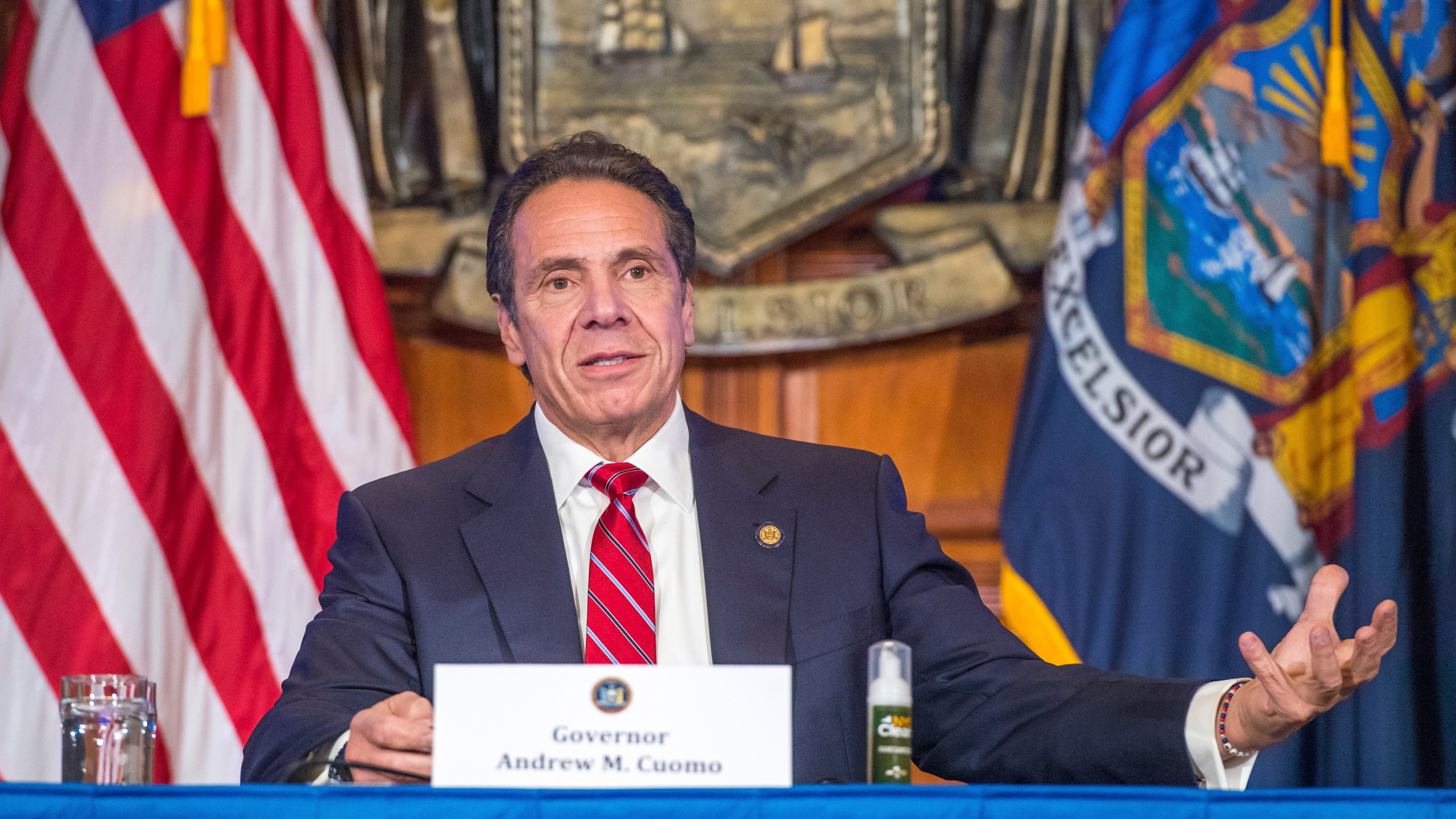 In this Wednesday, Nov. 18, 2020 photo provided by the Office of Governor Andrew M. Cuomo, Gov. Cuomo holds a press briefing on the coronavirus in the Red Room at the State Capitol in Albany, N.Y. (Darren McGee/Office of Governor Andrew M. Cuomo via AP)