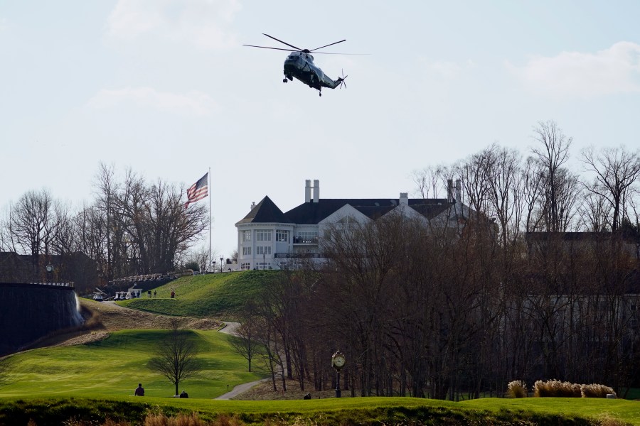 Marine One with President Donald Trump aboard lands at Trump National Golf Club, Saturday, Nov. 28, 2020, in Sterling, Va. (AP Photo/Alex Brandon)