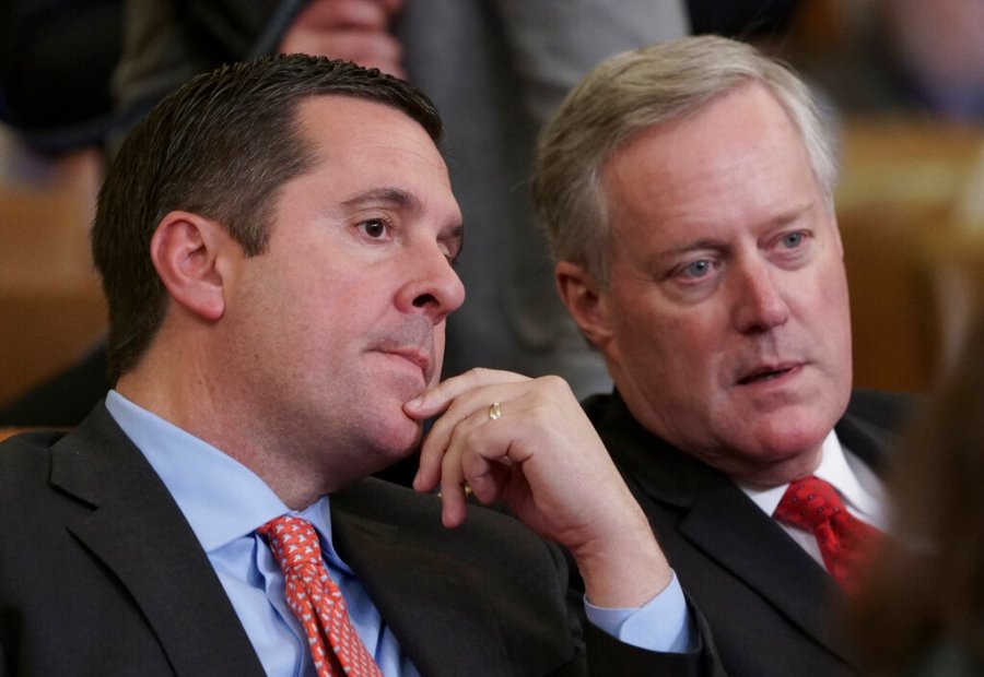 In this Dec. 2019 file photo, Rep. Devin Nunes, R-Calif, left, speaks with then Rep. Mark Meadows, R-N.C., on Capitol Hill in Washington. (AP Photo/J. Scott Applewhite)