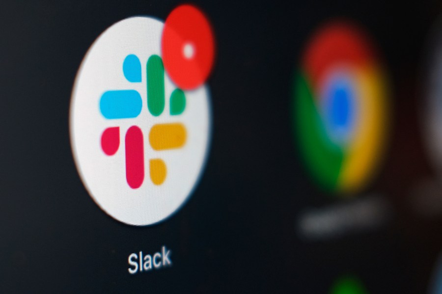 This Dec. 2, 2020, file photo shows the Slack app icon being displayed on a computer screen in Tokyo. (AP Photo/Kiichiro Sato, File)