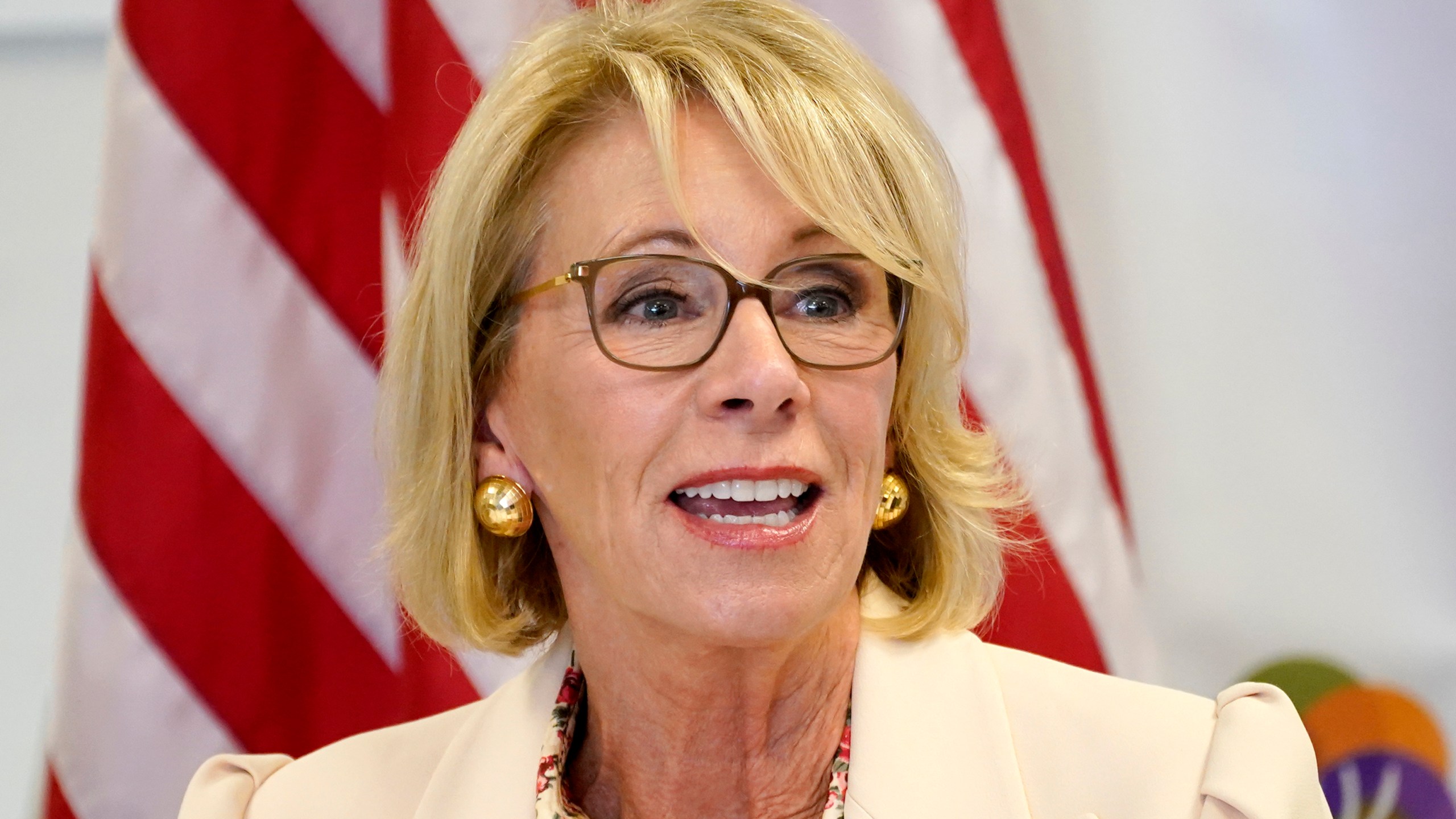 In this Oct. 15, 2020, file photo, Secretary of Education Betsy DeVos speaks at the Phoenix International Academy in Phoenix. (Matt York/Associated Press)