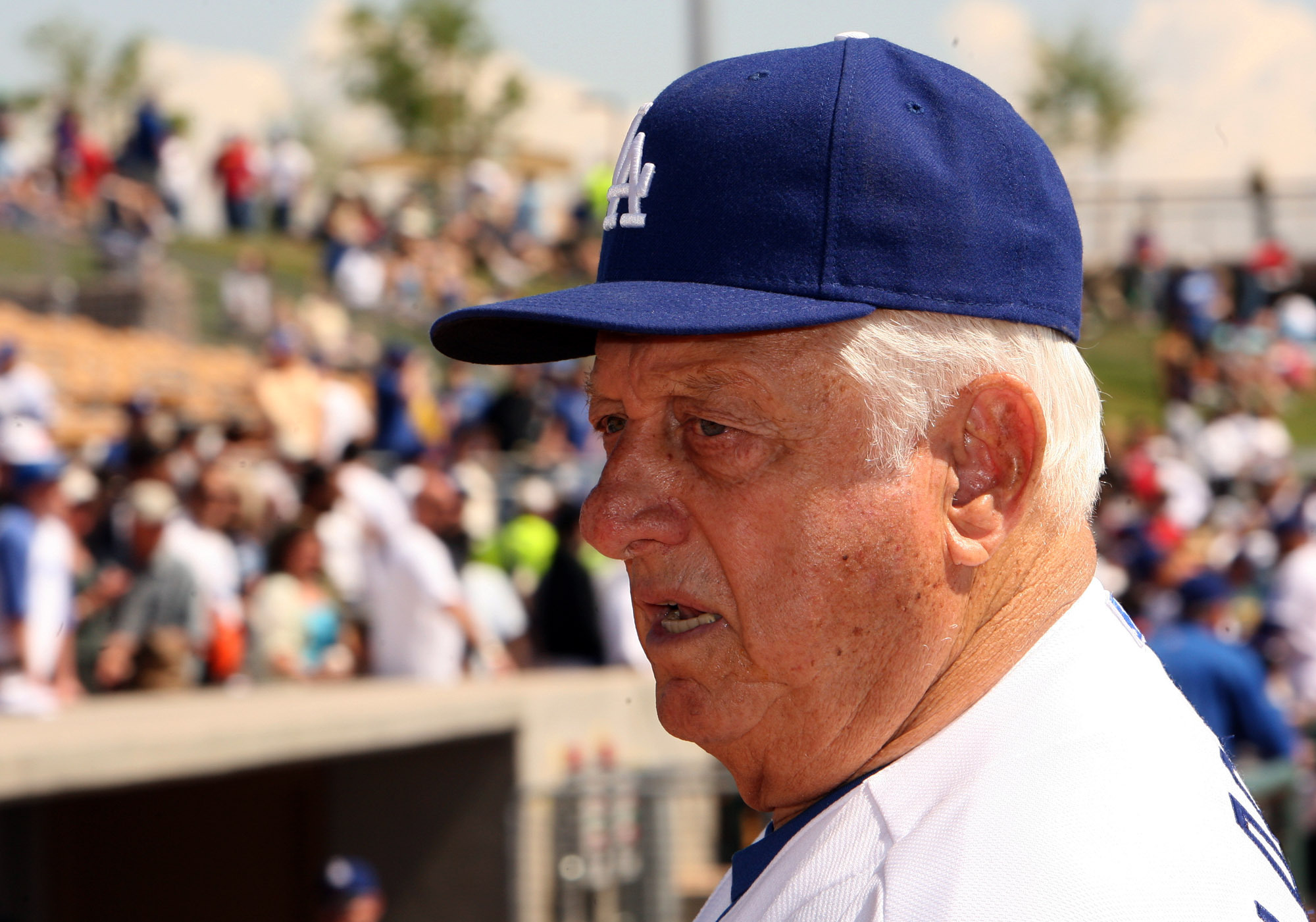 Hall of Fame and former Los Angeles Dodgers manager Tommy Lasorda passed away at the age of 93. Former Los Angeles Dodger manager Tommy Larsorda before a baseball game between Korea and the Los Angeles Dodgers at Camelback Ranch Stadium on Thursday March 12. 2009 in Glendale, Arizona. (Keith Birmingham/The Orange County Register via AP)