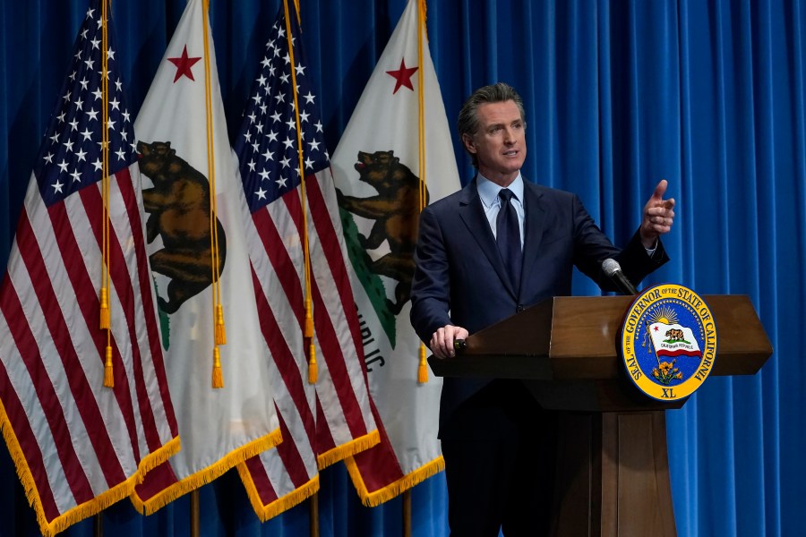 California Gov. Gavin Newsom outlines his 2021-2022 state budget proposal during a news conference in Sacramento on Jan. 8, 2021. (Rich Pedroncelli / Associated Press)