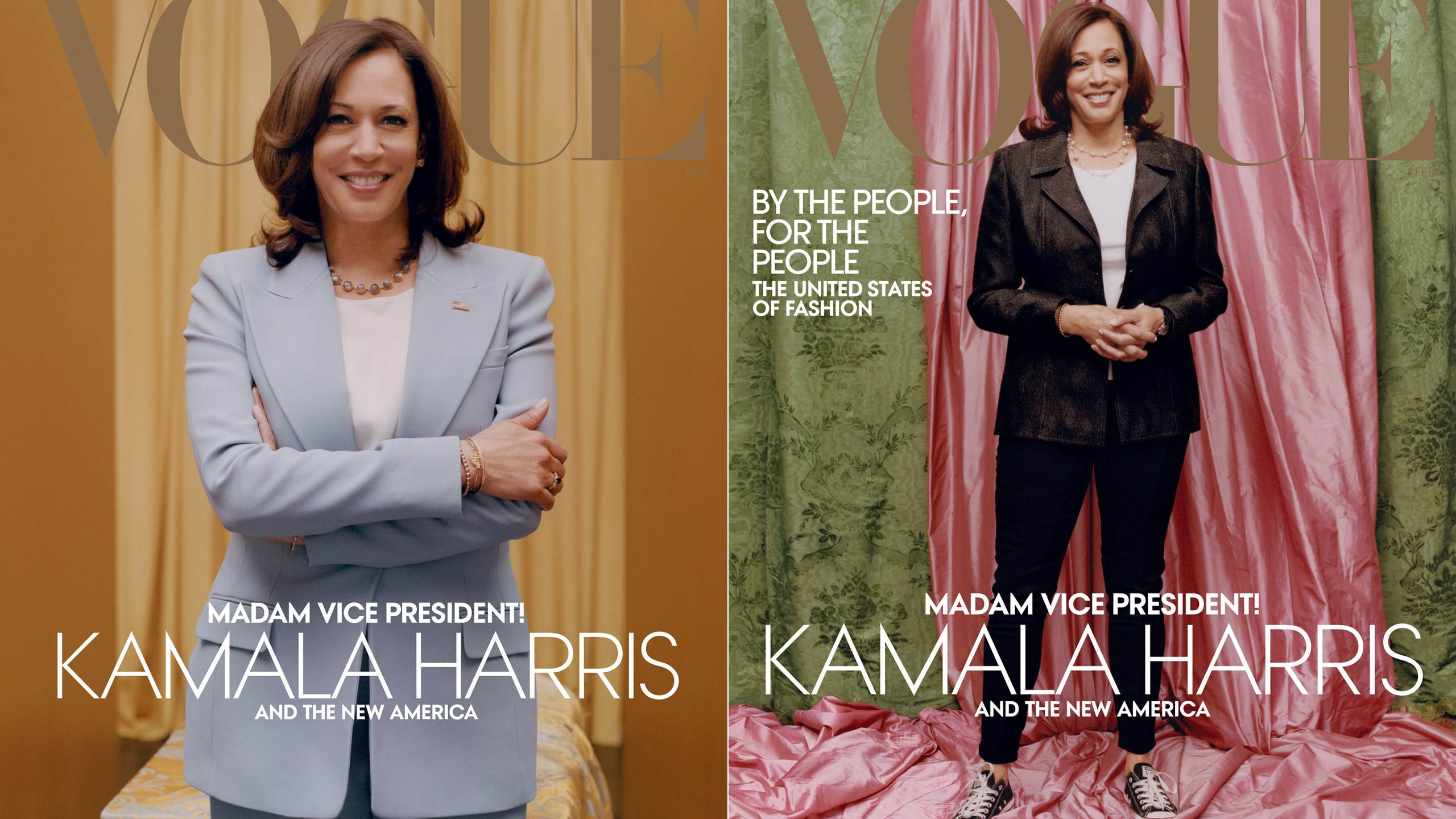 This combination of photos released by Vogue shows images of Vice President-elect Kamala Harris on the cover of their February digital and print issues. Vogue's February 2021 issue is available on newsstands nationwide on January 26. (Tyler Mitchell/Vogue via AP)