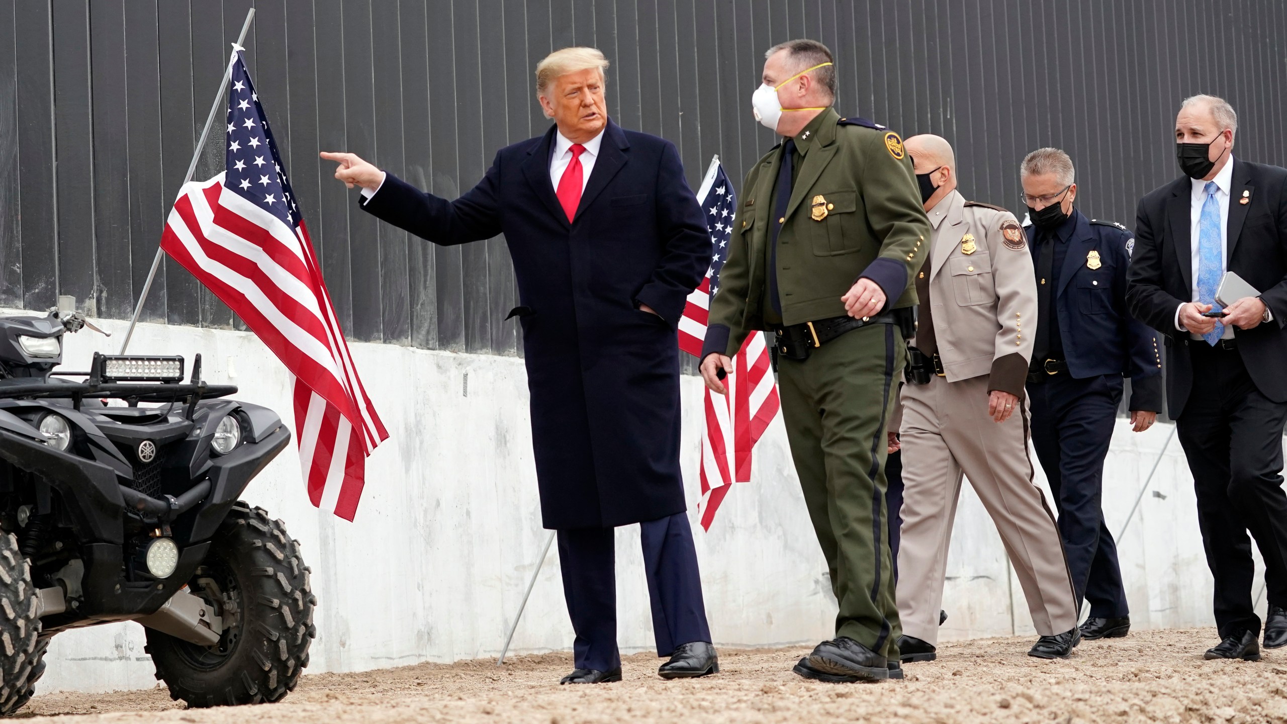 President Donald Trump tours a section of the U.S.-Mexico border wall under construction Tuesday, Jan. 12, 2021, in Alamo, Texas. (AP Photo/Alex Brandon)