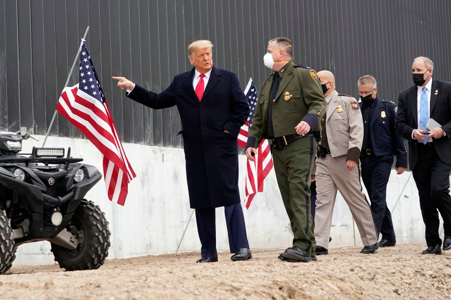 President Donald Trump tours a section of the U.S.-Mexico border wall under construction Tuesday, Jan. 12, 2021, in Alamo, Texas. (AP Photo/Alex Brandon)