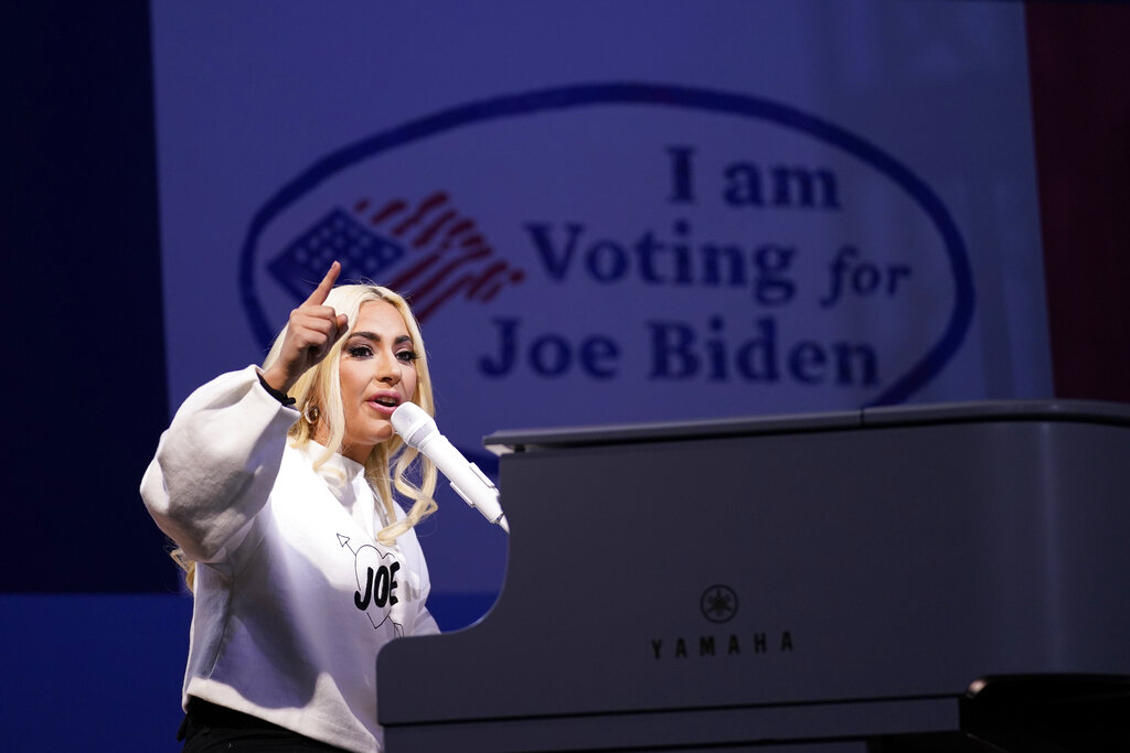 In this Nov. 2, 2020 file photo, Lady Gaga performs during a drive-in rally for then Democratic presidential candidate former Vice President Joe Biden at Heinz Field in Pittsburgh. (AP Photo/Andrew Harnik)