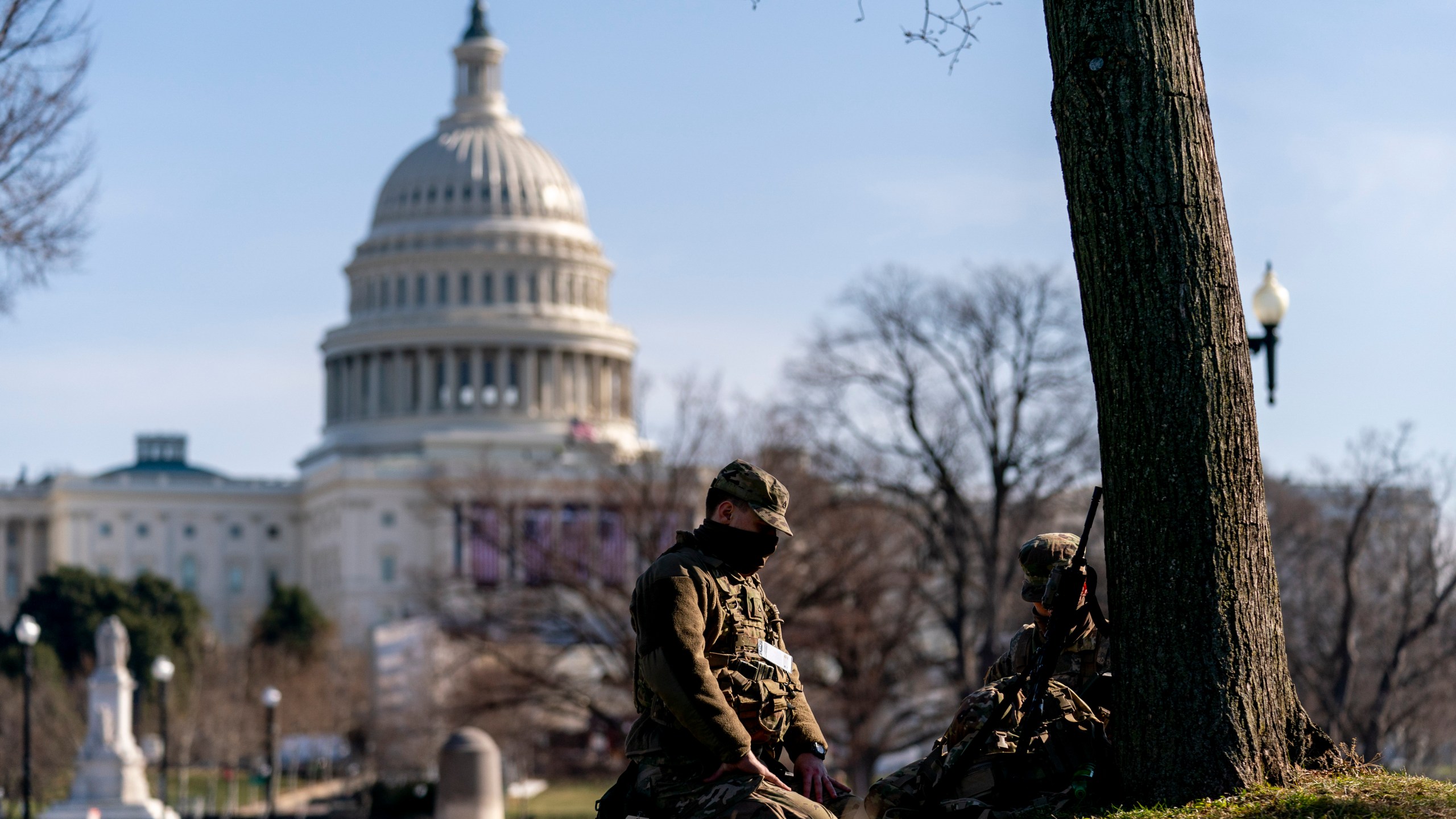 Members of the National Guard work outside the U.S Capitol building on Capitol Hill in Washington on Jan. 14, 2021. (AP Photo/Andrew Harnik)