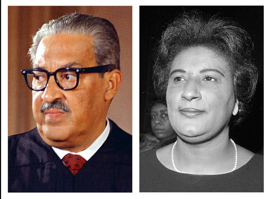 This combo of file photos from Washington show Supreme Court Associate Justice Thurgood Marshall on Oct. 24, 1967; and Constance Baker Motley, nominated to be judge of the southern district of New York, at her confirmation hearing, on April 4, 1966. The NAACP's Legal Defense Fund launched a $40 million scholarship program on Monday, Jan. 18, 2021, to create a new generation of civil rights lawyers. The Marshall-Motley Scholars Program, named for the legal defense fund's founder and Supreme Court Justice Thurgood Marshall, and his staff attorney Constance Baker Motley, who later became the first Black female federal judge. (AP Photo/Charles Tasnadi, left, and Henry Griffin)