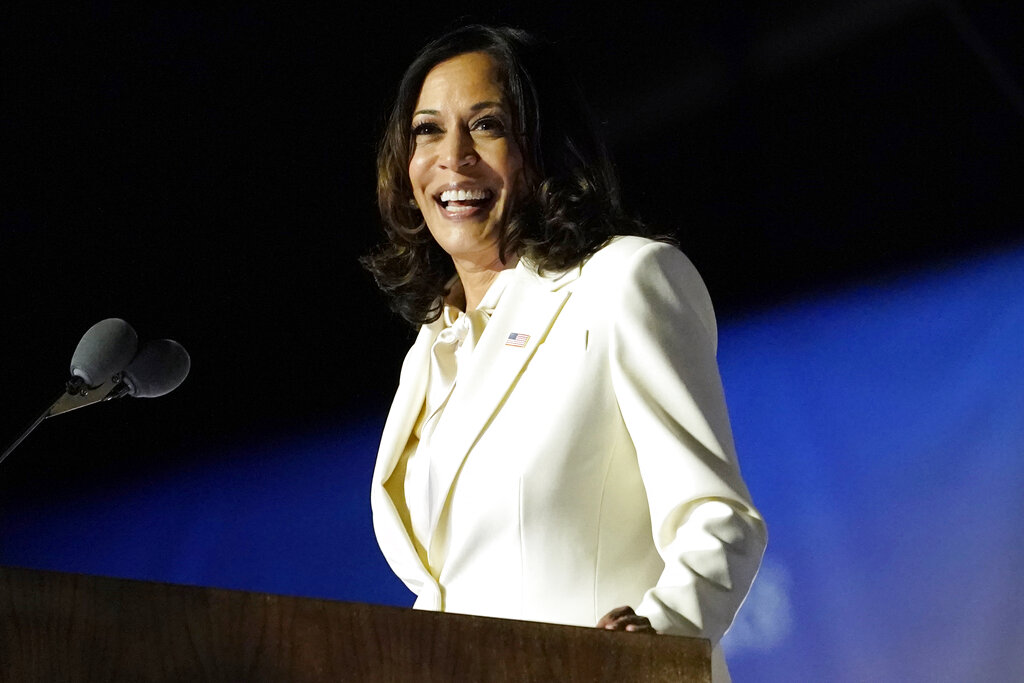 In this Nov. 7, 2020, file photo Vice President-elect Kamala Harris speaks in Wilmington, Del. Harris will make history Wednesday, Jan. 20, 2021, when she becomes the nation’s first Black, South Asian and female vice president. (AP Photo/Andrew Harnik, File)