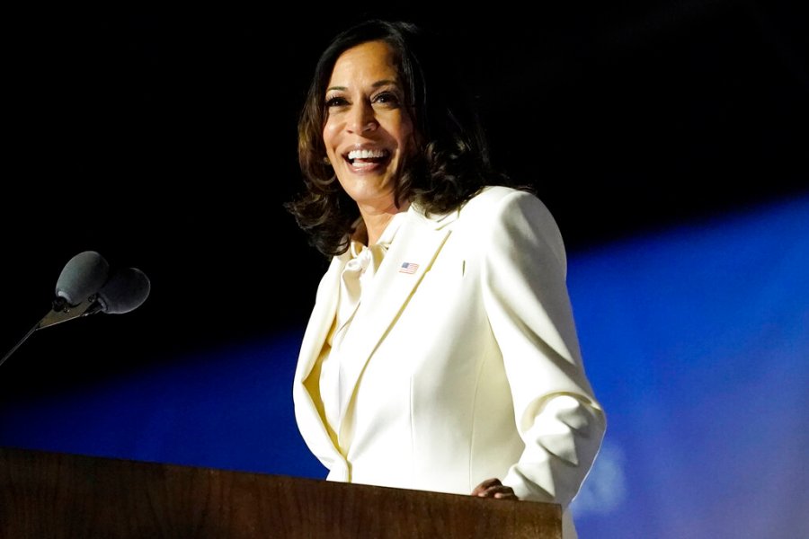 In this Nov. 7, 2020, file photo Vice President-elect Kamala Harris speaks in Wilmington, Del. Harris will make history Wednesday, Jan. 20, 2021, when she becomes the nation’s first Black, South Asian and female vice president. (AP Photo/Andrew Harnik, File)