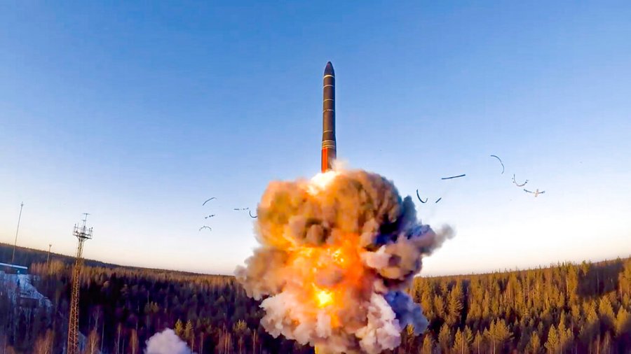 In this file photo taken from a video distributed by Russian Defense Ministry Press Service, on Wednesday, Dec. 9, 2020, a rocket launches from missile system as part of the drills, a ground-based intercontinental ballistic missile was launched from the Plesetsk facility in northwestern Russia. (Russian Defense Ministry Press Service via AP, File)