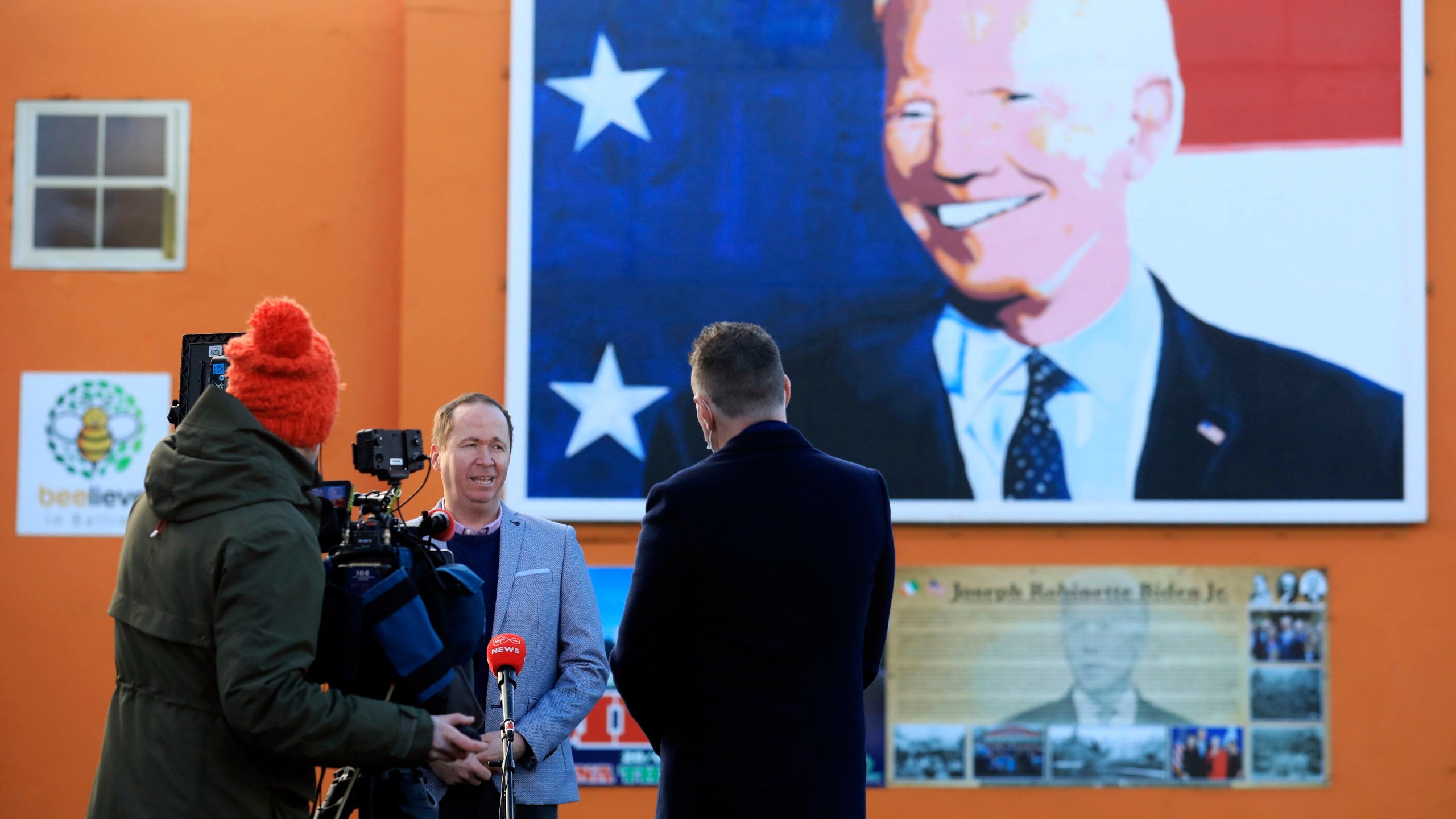 Joe Biden’s cousin Joe Blewitt speaking to the media in Ballina, Ireland, Wednesday, Jan. 20, 2021. Joe Biden’s great-great grandfather Patrick Blewitt was born in Ballina, County Mayo, in 1832. He left for the US in 1850, aged 18. (AP Photo/Peter Morrison)