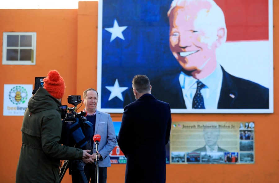 Joe Biden’s cousin Joe Blewitt speaking to the media in Ballina, Ireland, Wednesday, Jan. 20, 2021. Joe Biden’s great-great grandfather Patrick Blewitt was born in Ballina, County Mayo, in 1832. He left for the US in 1850, aged 18. (AP Photo/Peter Morrison)