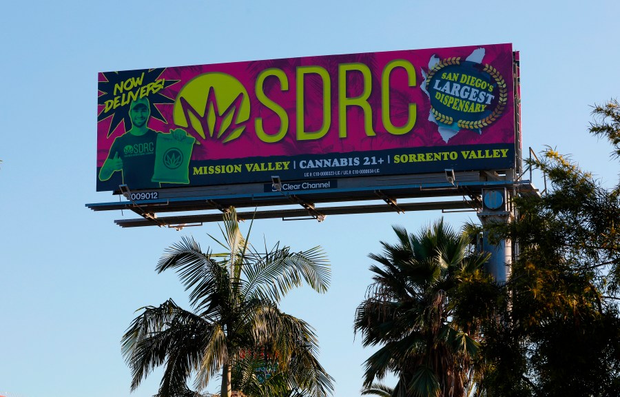 In this Jan. 13, 2020, file photo, a billboard in San Diego advertises a cannabis dispensary. (Nelvin C. Cepeda/The San Diego Union-Tribune via AP)