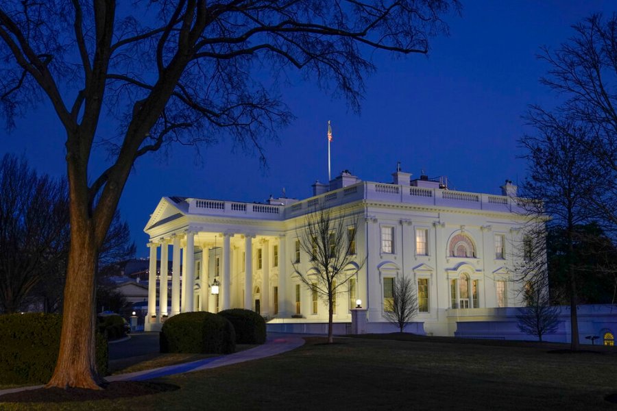 Dusk settles over the White House in Washington Jan. 23, 2021. (AP Photo/Patrick Semansky)