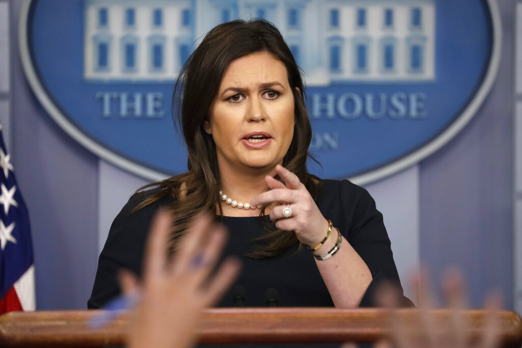 In this Monday, March 11, 2019, file photo, White House press secretary Sarah Sanders speaks during a news briefing at the White House, in Washington. (AP Photo/ Evan Vucci, File)