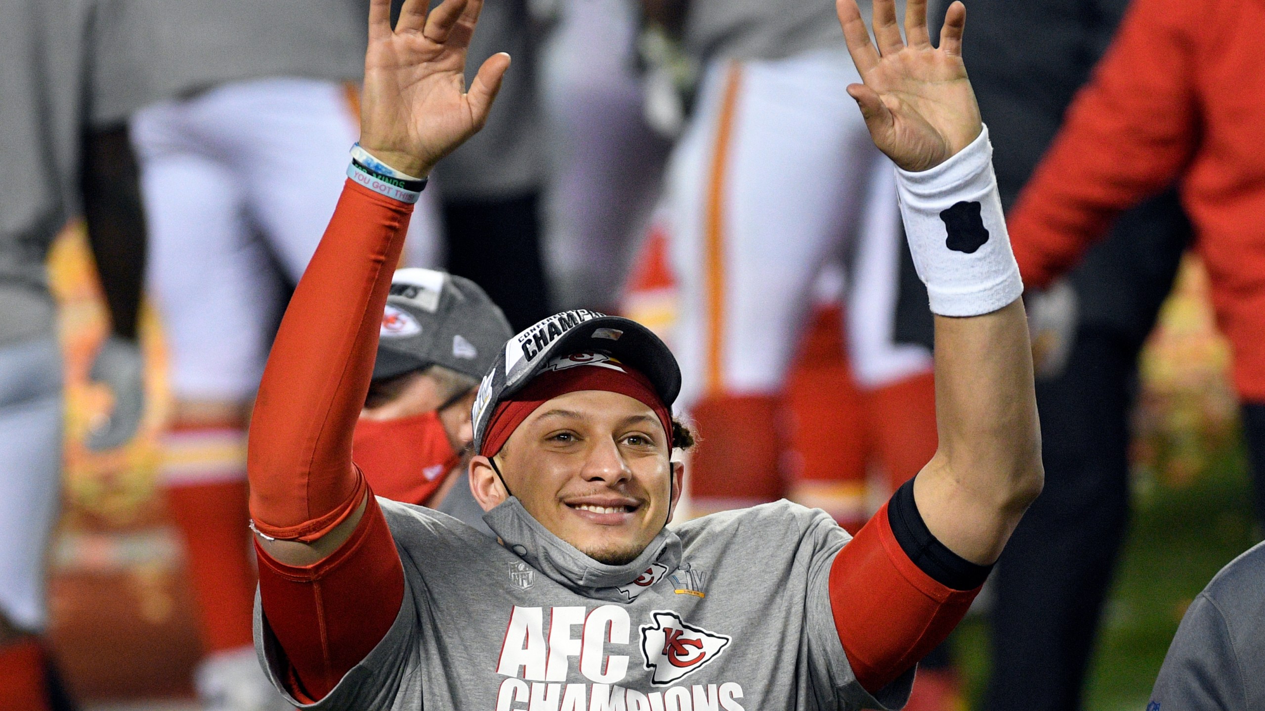 Kansas City Chiefs quarterback Patrick Mahomes celebrates after the AFC championship NFL football game against the Buffalo Bills, Sunday, Jan. 24, 2021, in Kansas City, Mo. The Chiefs won 38-24. (AP Photo/Reed Hoffmann)