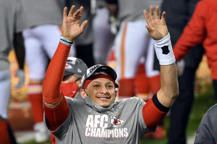 Kansas City Chiefs quarterback Patrick Mahomes celebrates after the AFC championship NFL football game against the Buffalo Bills, Sunday, Jan. 24, 2021, in Kansas City, Mo. The Chiefs won 38-24. (AP Photo/Reed Hoffmann)