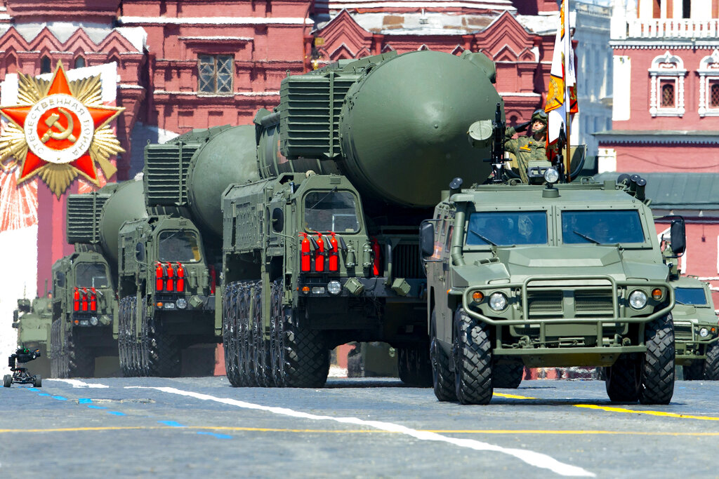 In this file photo taken on Wednesday, June 24, 2020, Russian RS-24 Yars ballistic missiles roll in Red Square during the Victory Day military parade marking the 75th anniversary of the Nazi defeat in Moscow, Russia.