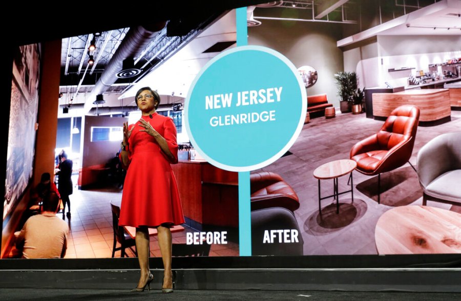 Starbucks COO Roz Brewer talks about the proposed redesign of a Starbucks store in New Jersey as she speaks Wednesday, March 20, 2019, during the company's annual shareholders meeting in Seattle. Walgreens has tapped Roz Brewer as its new CEO, which will make her the only Black woman currently leading a Fortune 500 company. Brewer will take over as Walgreens CEO on March 15, 2021 after a little more than three years as Starbucks' chief operating officer. (AP Photo/Ted S. Warren, file)