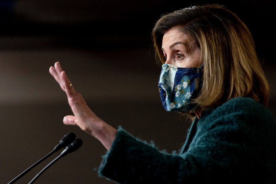 House Speaker Nancy Pelosi of Calif. speaks at a news conference on Capitol Hill in Washington, Thursday, Jan. 28, 2021. (AP Photo/Andrew Harnik)