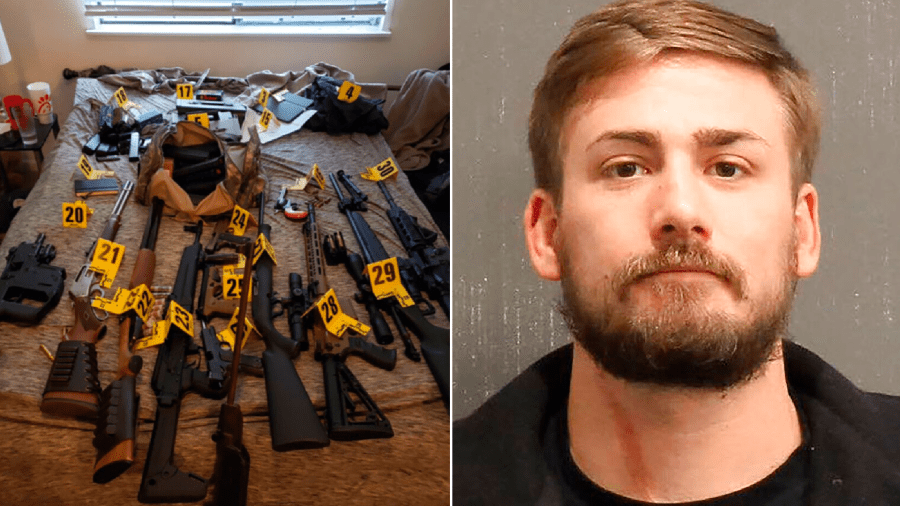 This photo provided by Metro Government of Nashville and Davidson County shows Eric Gavelek Munchel. Munchel. On the left, an evidence photo showing assault rifles that were found during a search of Eric Munchel's home. (U.S. Attorney for the Middle District of Tennessee via AP)