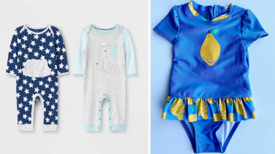 Cloud Island infant rompers and Cat & Jack one-piece Rashguard swimsuits being recalled by Target are seen in photos shared by the U.S. Consumer Product Safety Commission on Dec. 30, 2020.