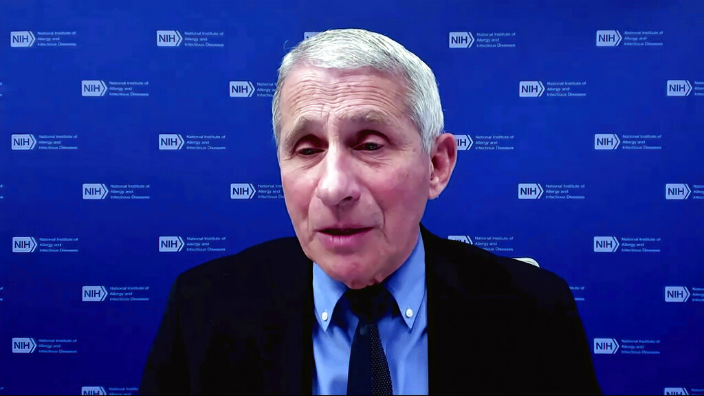 In this image from video, Dr. Anthony Fauci, director of the National Institute of Allergy and Infectious Diseases and chief medical adviser to the president, speaks during a White House briefing on the Biden administration's response to the COVID-19 pandemic Wednesday, Jan. 27, 2021, in Washington. (White House via AP)