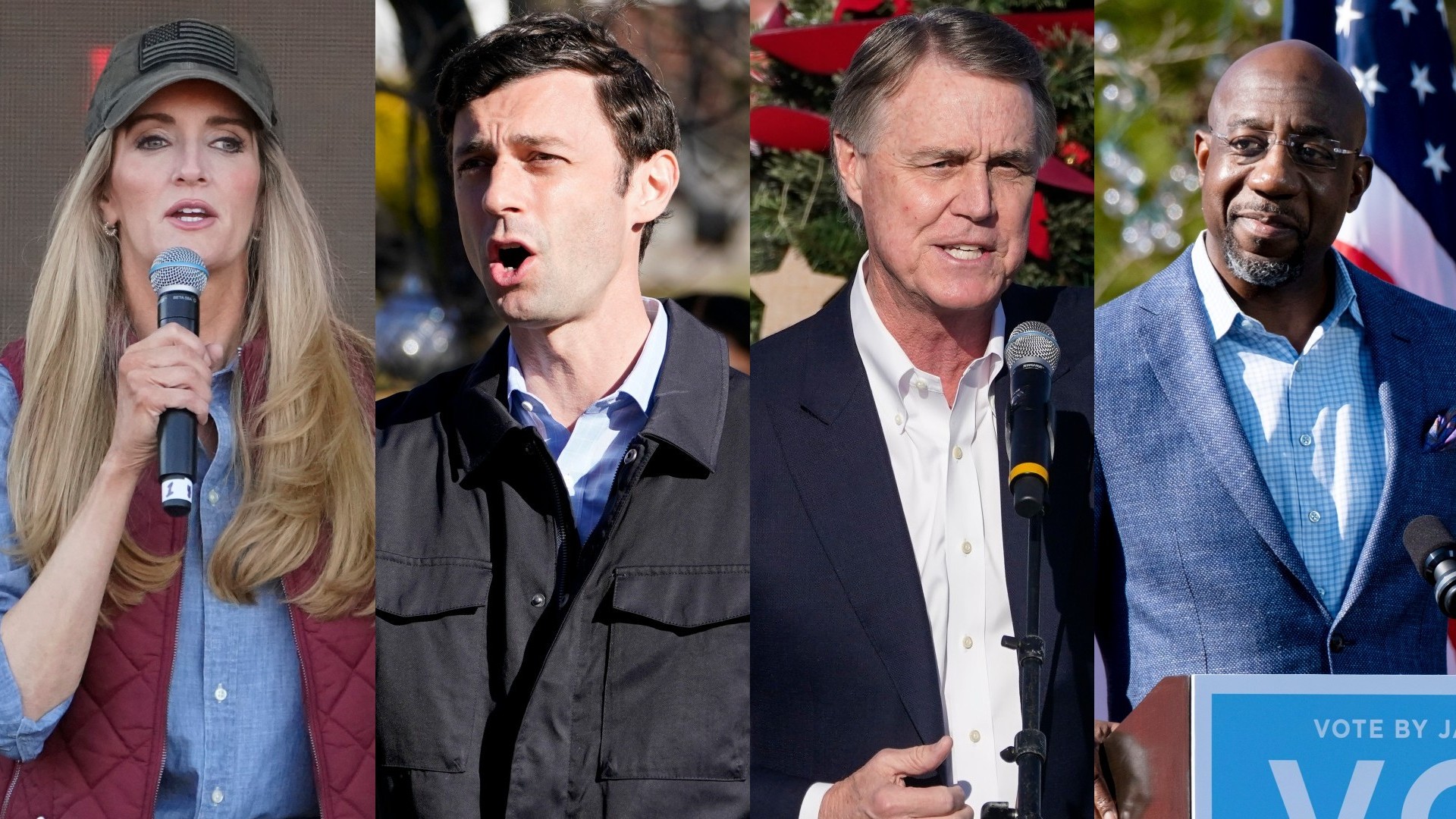 From left to right:Sen. Kelly Loeffler; Senate candidate Jon Ossoff; Sen. David Perdue; Senate candidate Rev. Raphael Warnock. (AP photos)