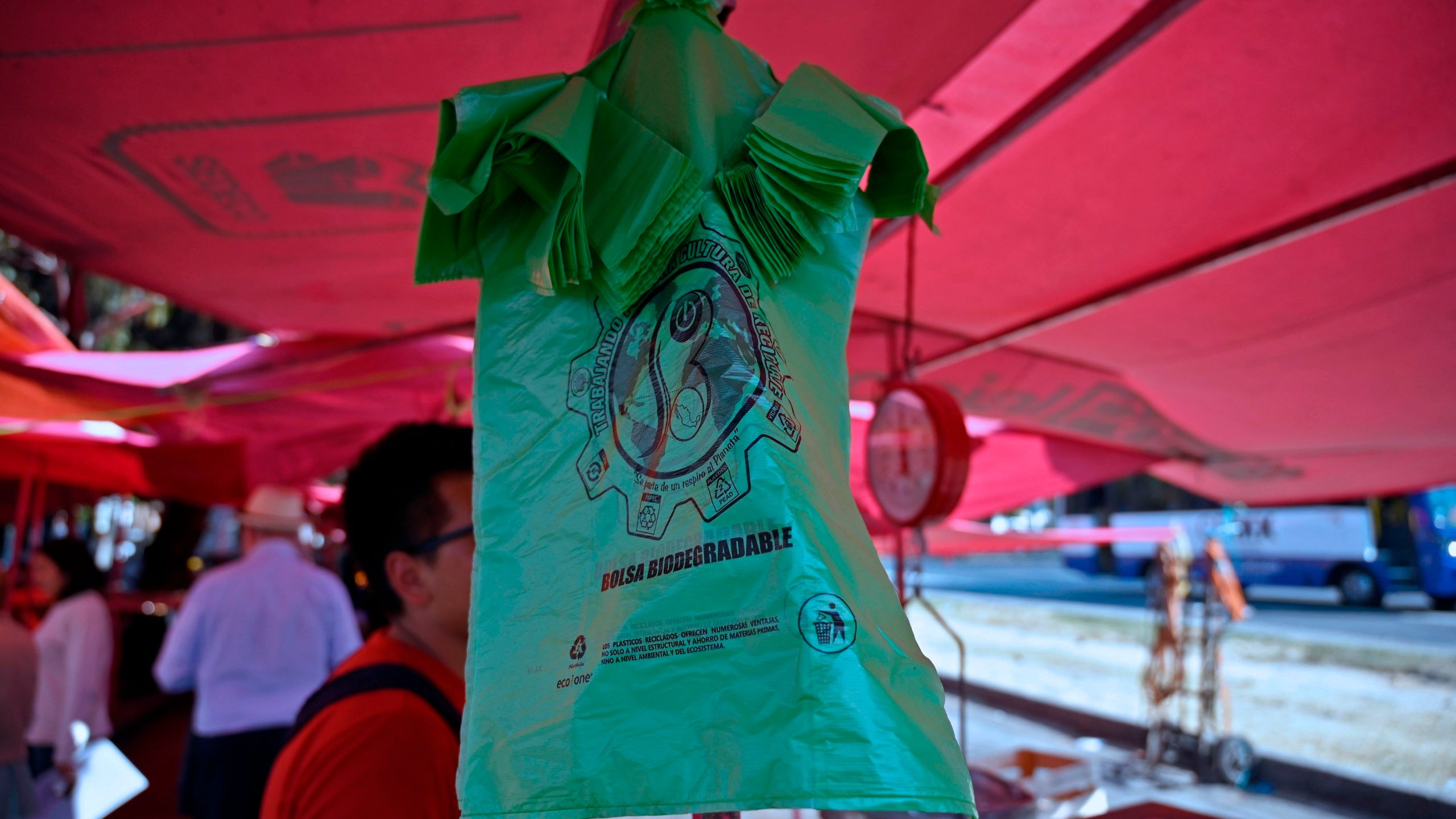 View of plastic bags on a stall at a street market in Mexico Citym, on January 15, 2020. (Alfredo Estrella/AFP via Getty Images)