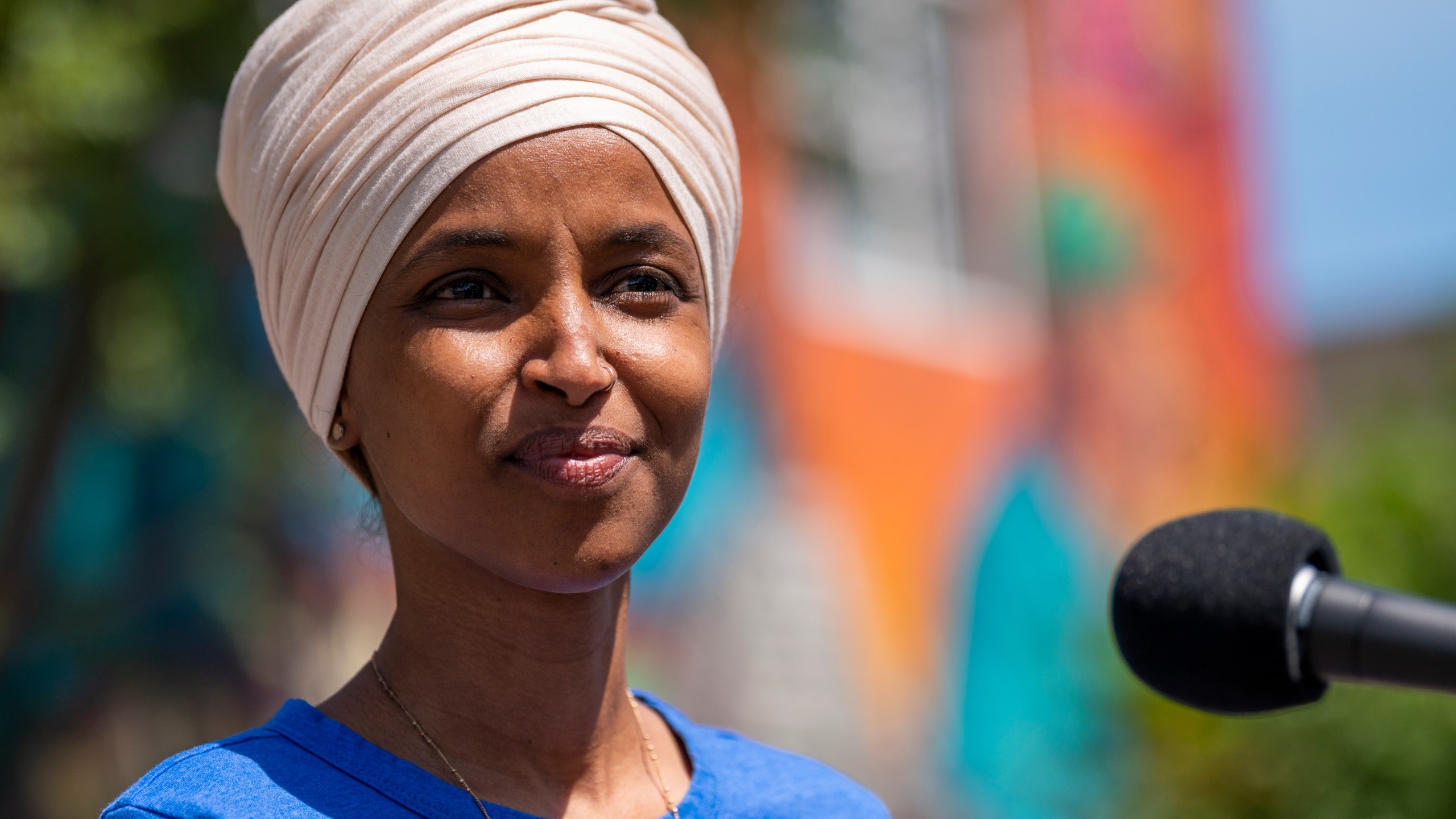 Rep. Ilhan Omar (D-MN) speaks with media gathered outside Mercado Central on August 11, 2020 in Minneapolis, Minnesota. (Stephen Maturen/Getty Images)