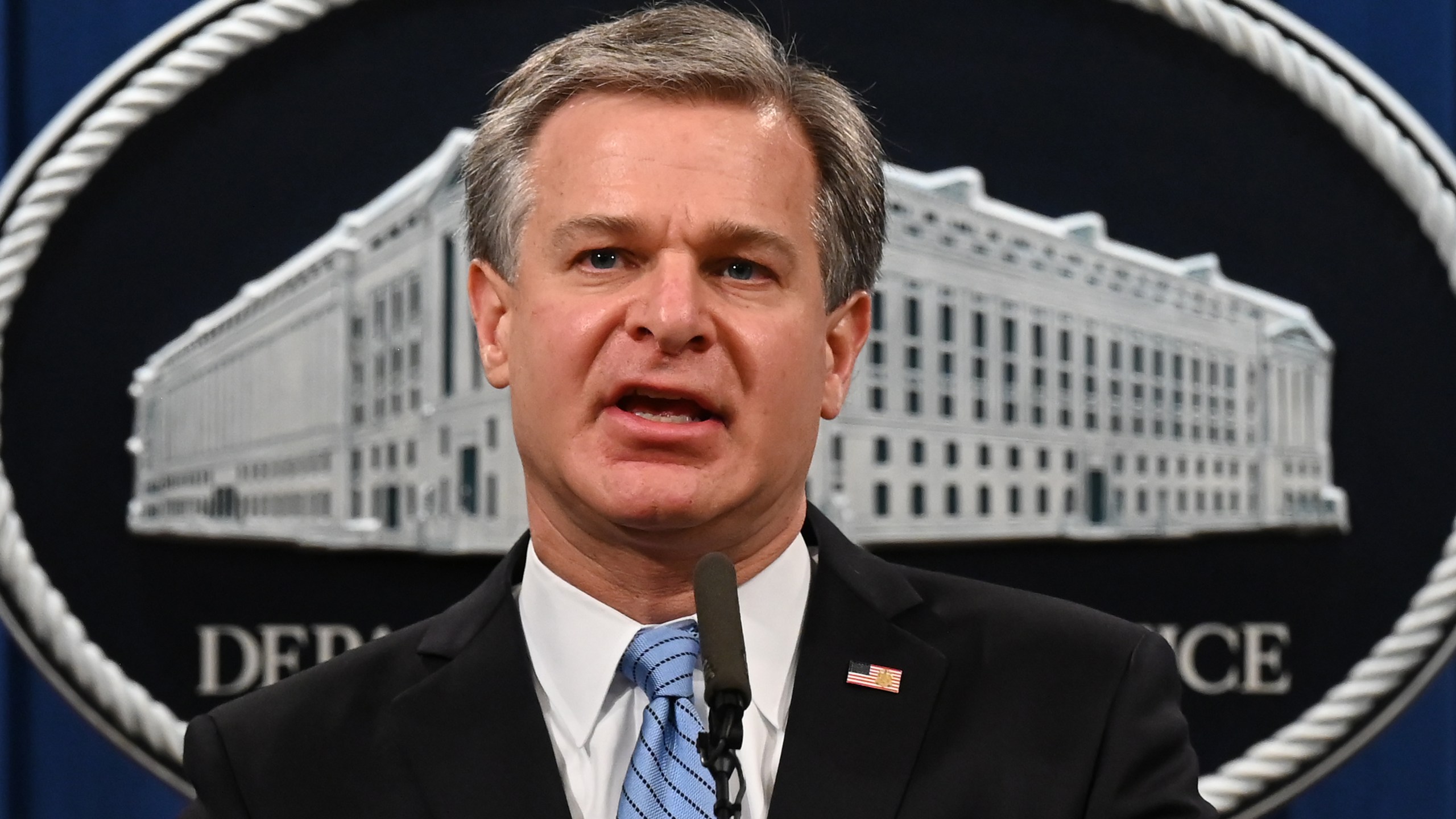 FBI Director Christopher Wray speaks during a press conference on a national security matter at the Department of Justice on Oct. 7, 2020. (JIM WATSON/POOL/AFP via Getty Images)