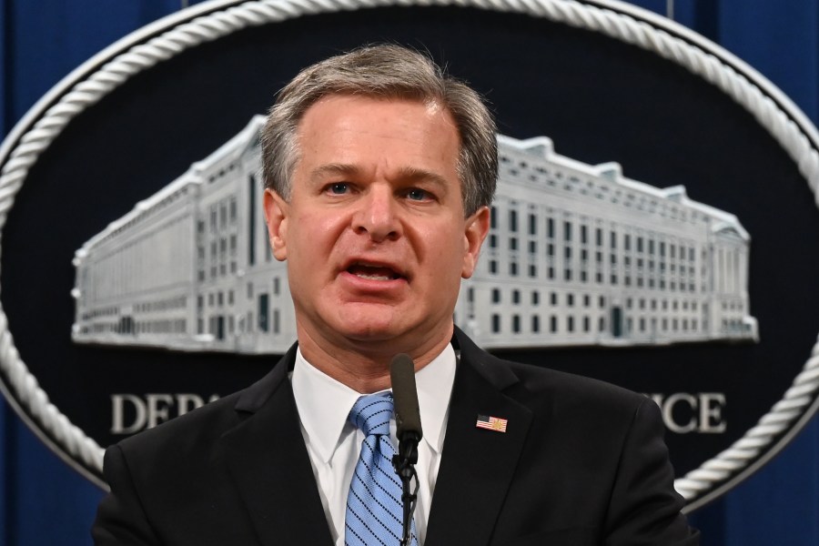 FBI Director Christopher Wray speaks during a press conference on a national security matter at the Department of Justice on Oct. 7, 2020. (JIM WATSON/POOL/AFP via Getty Images)