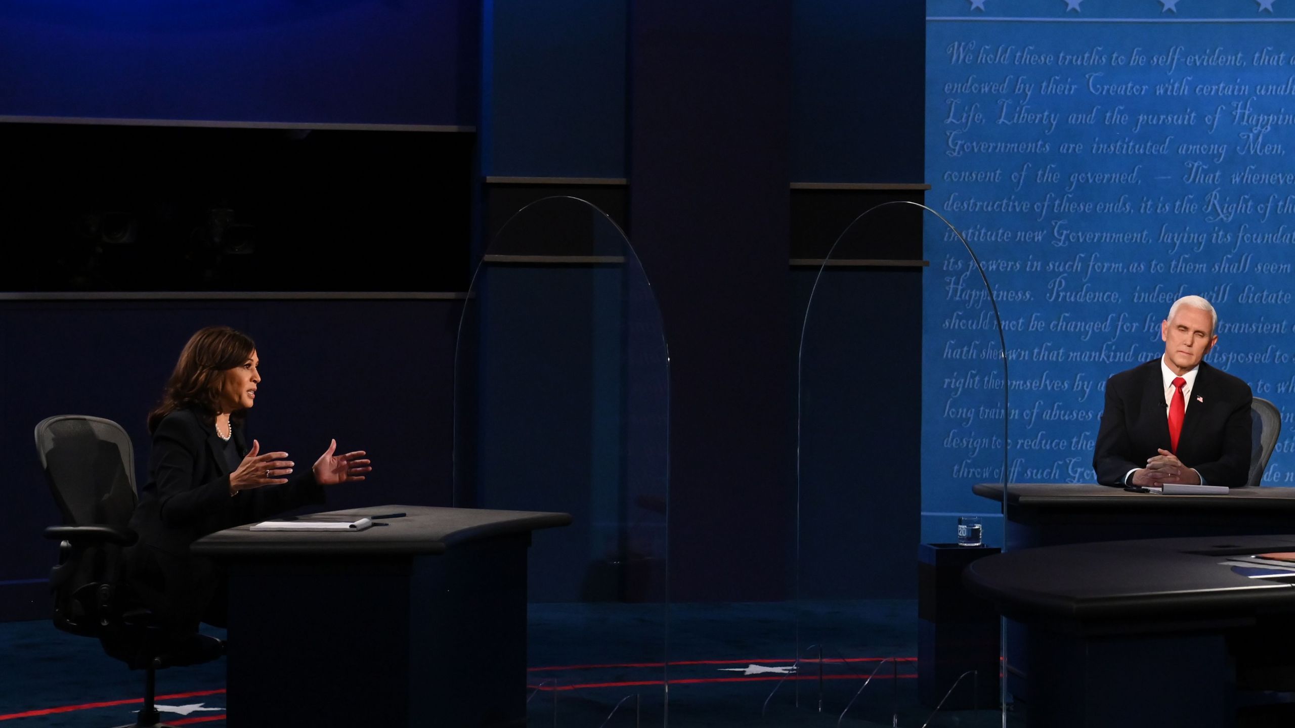 Then Democratic vice presidential candidate Kamala Harris speaks during the vice presidential debate with Vice President Mike Pence in Kingsbury Hall at the University of Utah on Oct. 7, 2020, in Salt Lake City, Utah. (Eric BARADAT / AFP) (Photo by ERIC BARADAT/AFP via Getty Images)