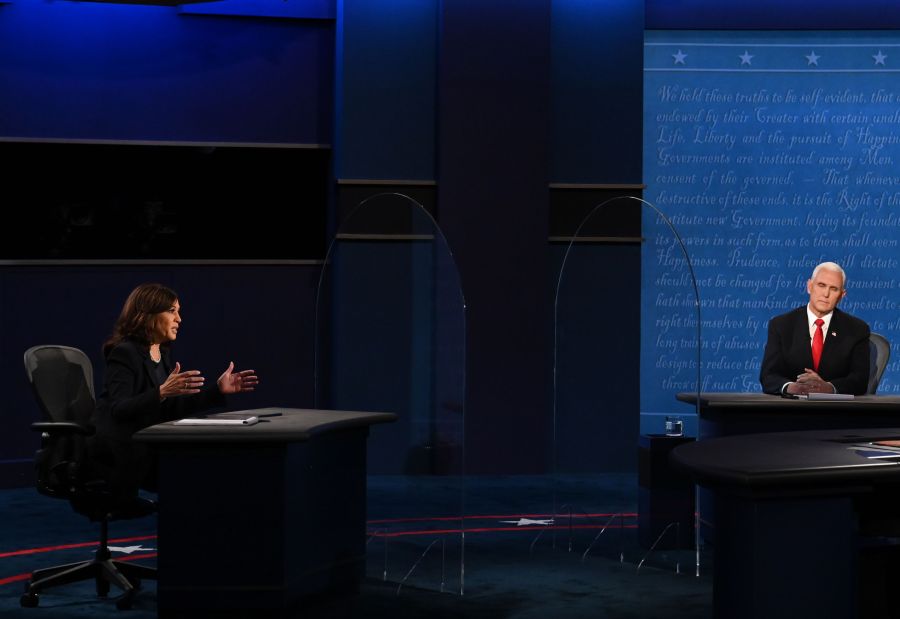 Then Democratic vice presidential candidate Kamala Harris speaks during the vice presidential debate with Vice President Mike Pence in Kingsbury Hall at the University of Utah on Oct. 7, 2020, in Salt Lake City, Utah. (Eric BARADAT / AFP) (Photo by ERIC BARADAT/AFP via Getty Images)