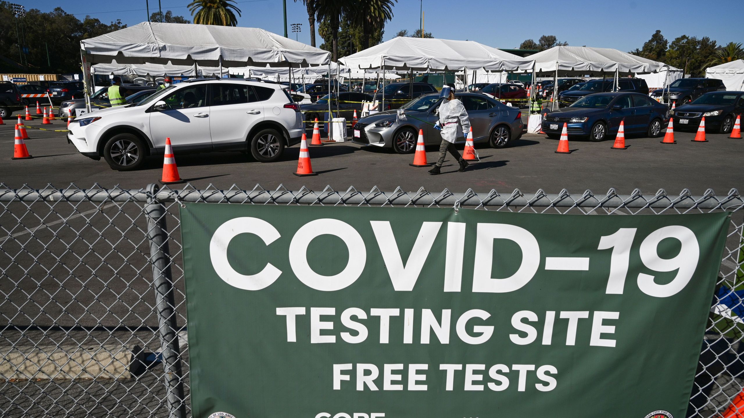 Cars line up at a Covid-19 testing site in Los Angeles, California on November 30, 2020 following the Thanksgiving holiday. (Robyn Beck/AFP via Getty Images)