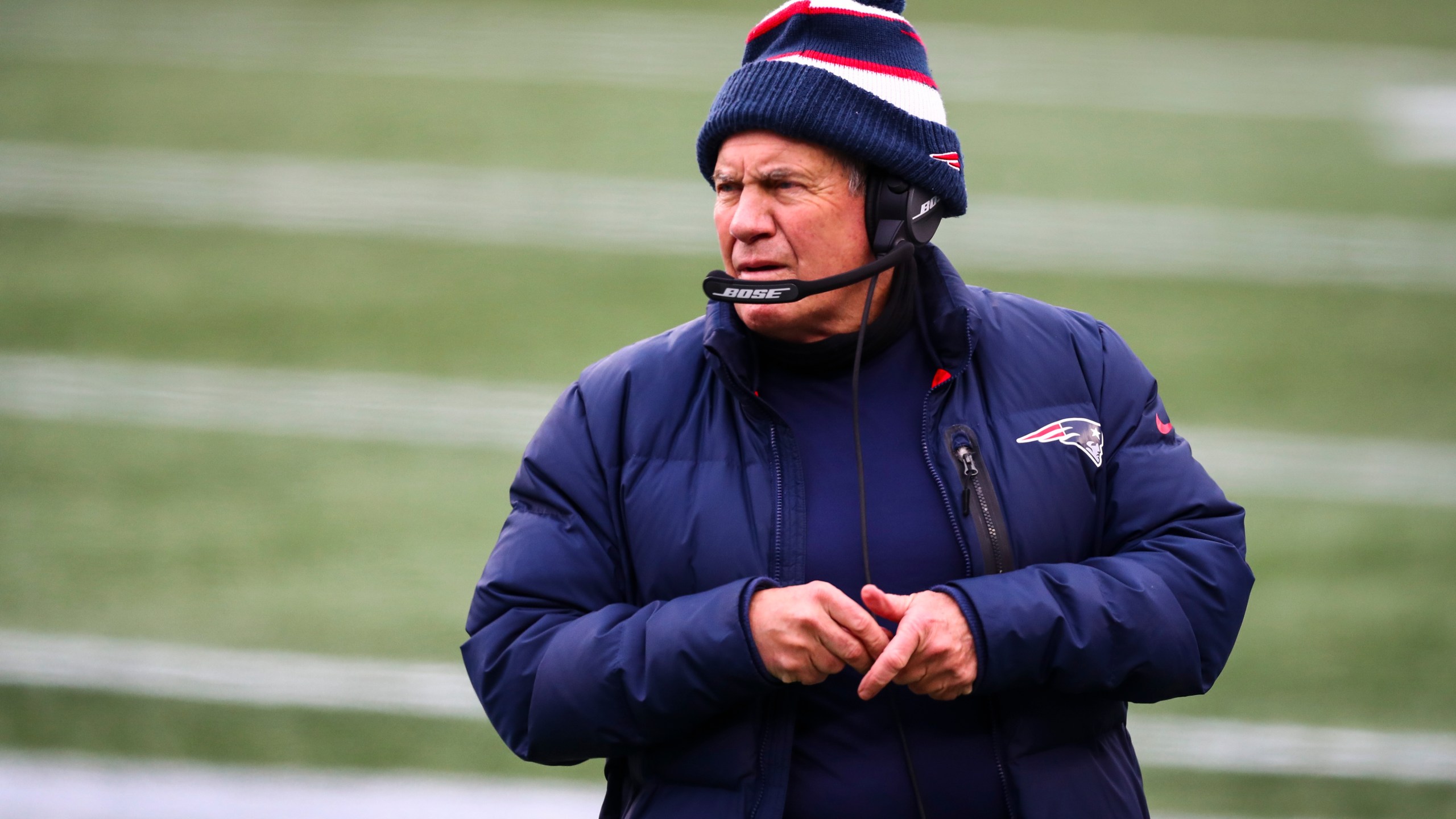 Head coach Bill Belichick of the New England Patriots looks on during a game against the New York Jets at Gillette Stadium on Jan. 3, 2021, in Foxborough, Massachusetts. (Adam Glanzman/Getty Images)