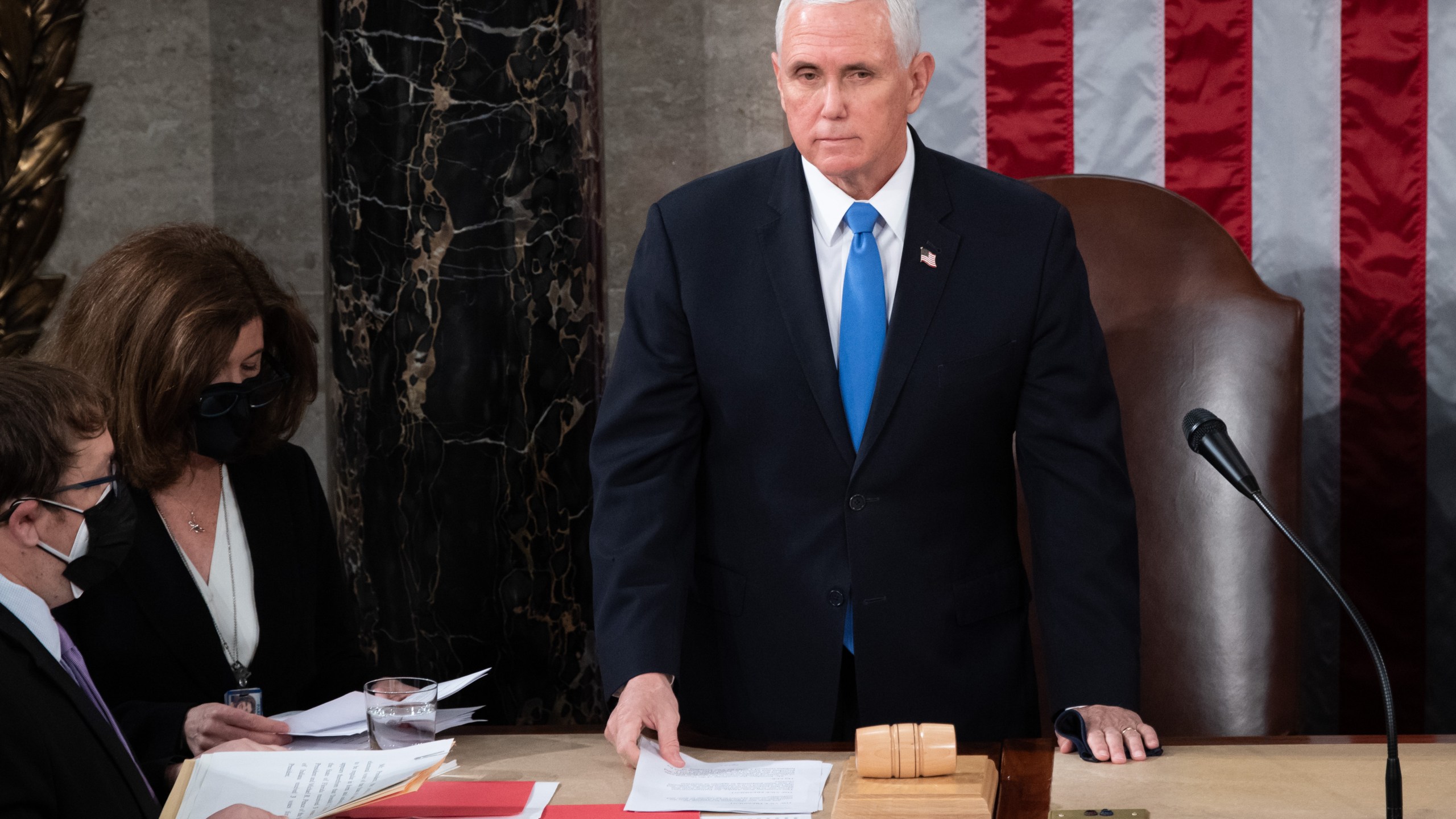 Vice President Mike Pence presides over a joint session of Congress on January 6, 2021 to ratify President-elect Joe Biden's Electoral College win over President Donald Trump. (Saul Loeb/Pool/Getty Images)