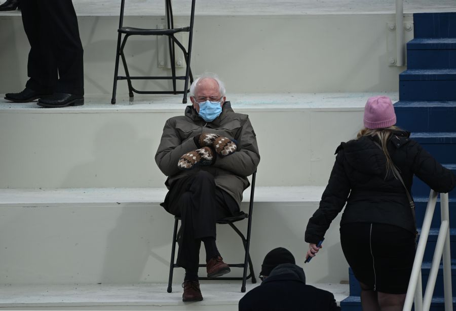 Sen. Bernie Sanders (D-Vermont) sits in the bleachers on Capitol Hill before Joe Biden is sworn in as the 46th U.S. president on Jan. 20, 2021, at the U.S. Capitol in Washington, D.C. (BRENDAN SMIALOWSKI/AFP via Getty Images)